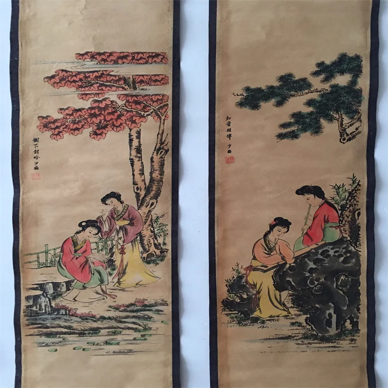 China Old Scroll Painting, Four Screen Paintings, Middle Hall Hanging Painting,Talented women's calligraphy and painting