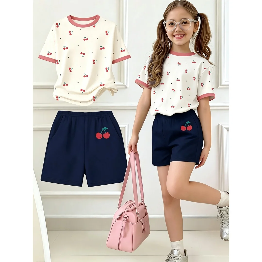 Vibrant Girls Children's Cherry Print Short-sleeve T-shirt Y2K Trend Fashion School Activities Comfortable and Casual