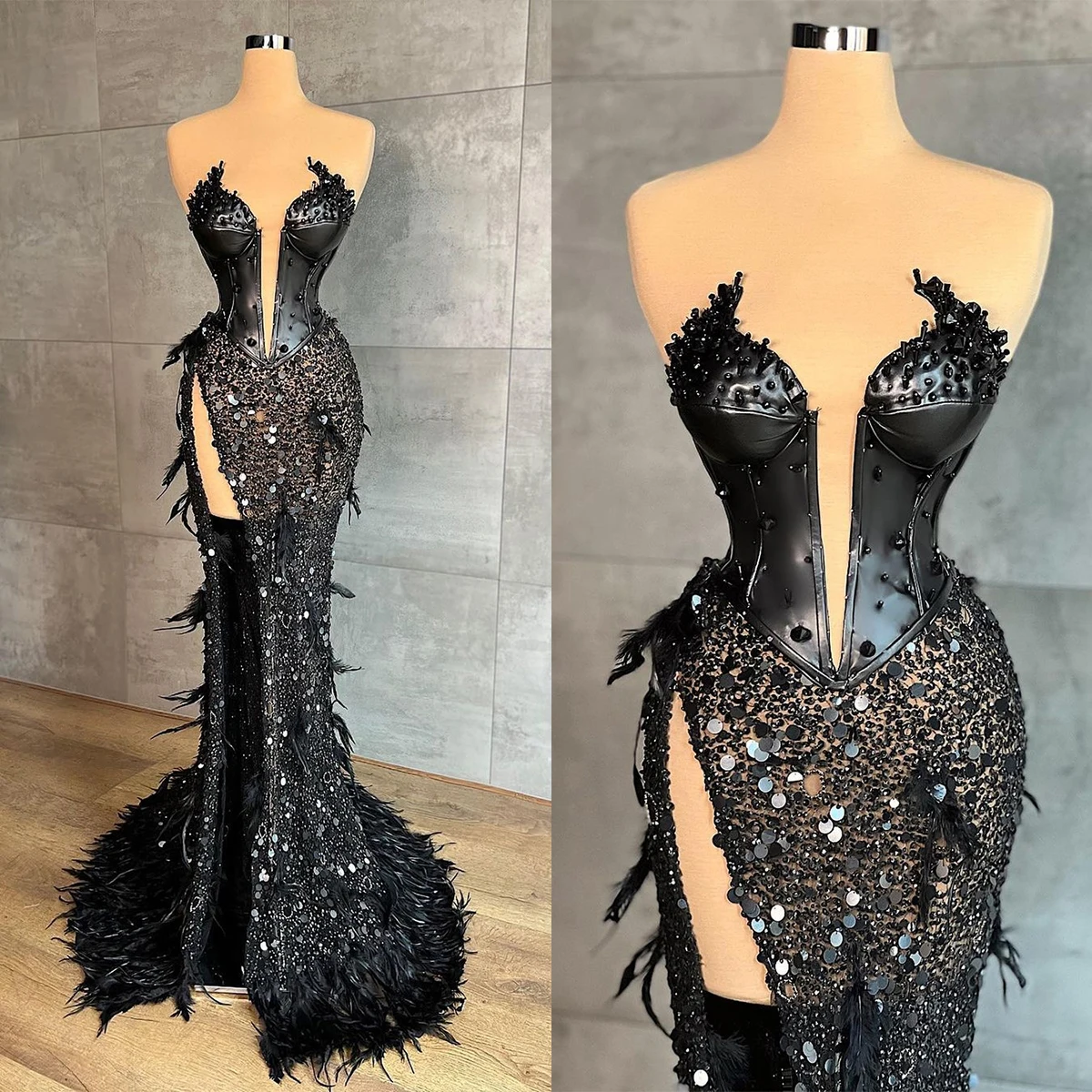 Glamorous Illusion Feathers Evening Dresses Sequined Prom Gowns Custom Made Side Split Beaded Party Dresses