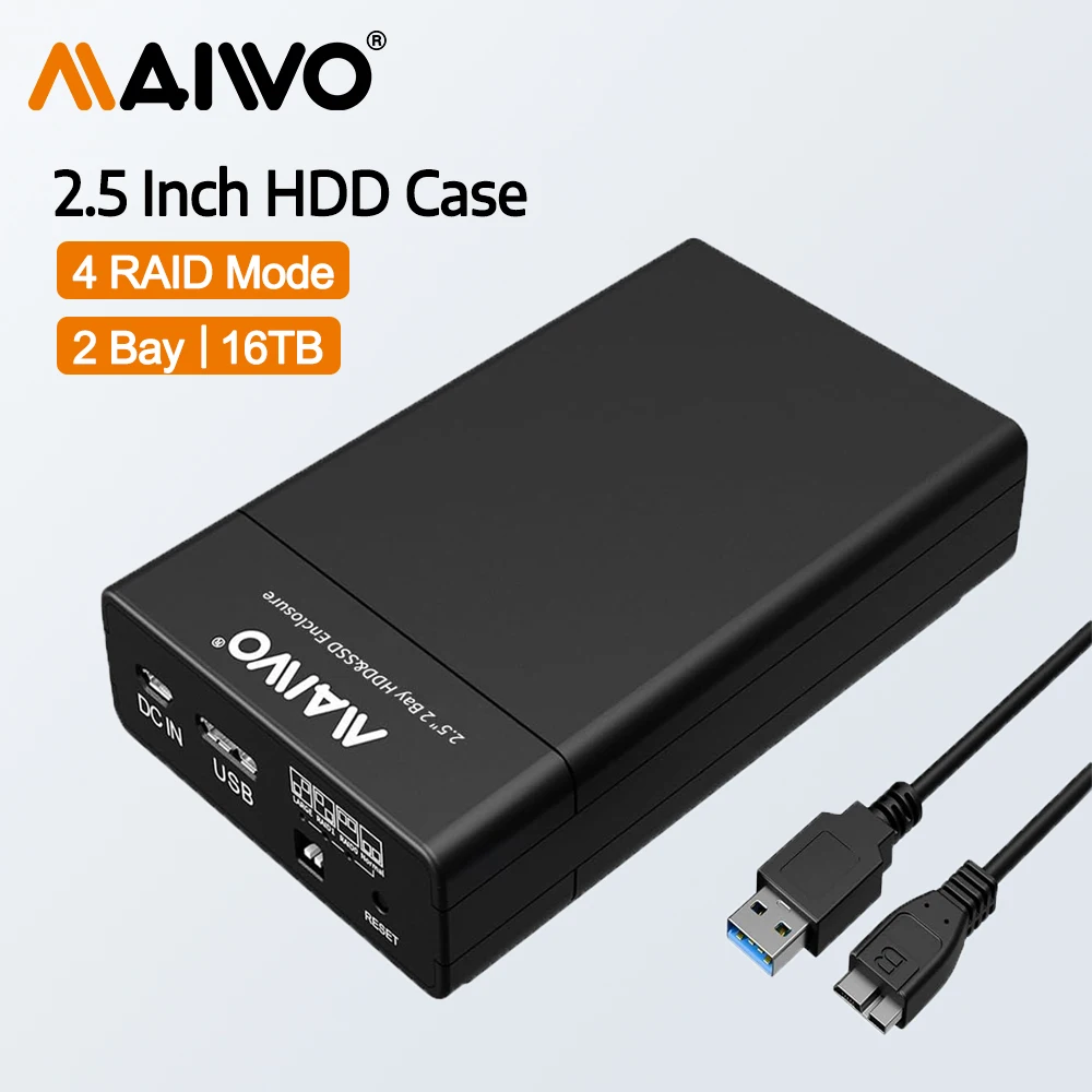 

Корпус для жесткого диска MAIWO Dual Bay RAID с USB3.0 для 2,5-дюймового SATA SSD/HDD, поддержка UASP 16 ТБ, 4 режима RAID, внешний корпус для жесткого диска