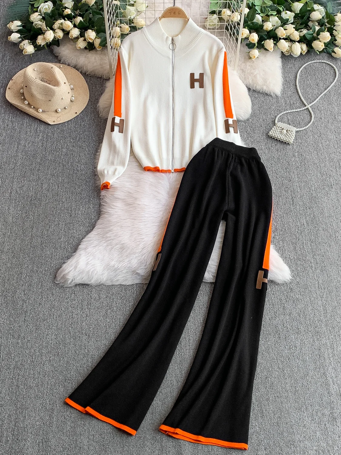 

Faionable Sportswear Set Casual Zipper Collar Long Sve Knitted Jaet High Waist Slimming Wide Leg Pants Two-Piece Suit
