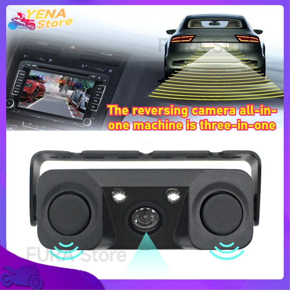 

High-definition car rearview camera 3in1 parking radar detector sensor LED night vision waterproof reversing camera accessories
