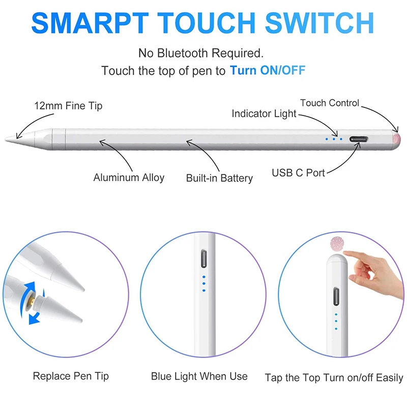 Stylus Pen for Apple iPad, Rechargeable Digital Styling Pen for iPad Pro/Mini/Air/iPhone, Capacitive Touch Screen Phone Tablet