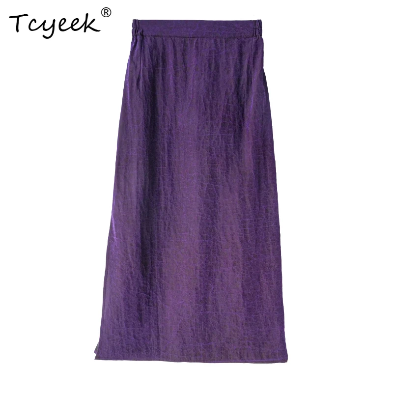 

Tcyeek 100% Mulberry Silk Summer Thin High Waisted Purple Slit Straight Tube Mid Length Women's Skirt Faldas Para Mujeres スカート