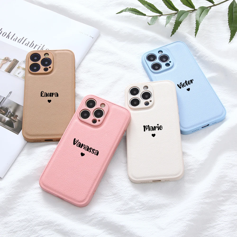 Caso de telefone personalizado do plutônio do couro do coração do nome personalizado para o iphone 13 12 11 pro max x xs xr 7 8 plus luxo macio capa traseira lisa