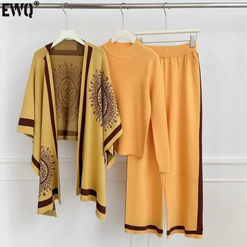 [EWQ] Half High Collar Sweater Top Shawl Cloak Outerwear Elastic Waist Patchwork Pant 3-piece Set Autumn 2025 Spring New 16O398