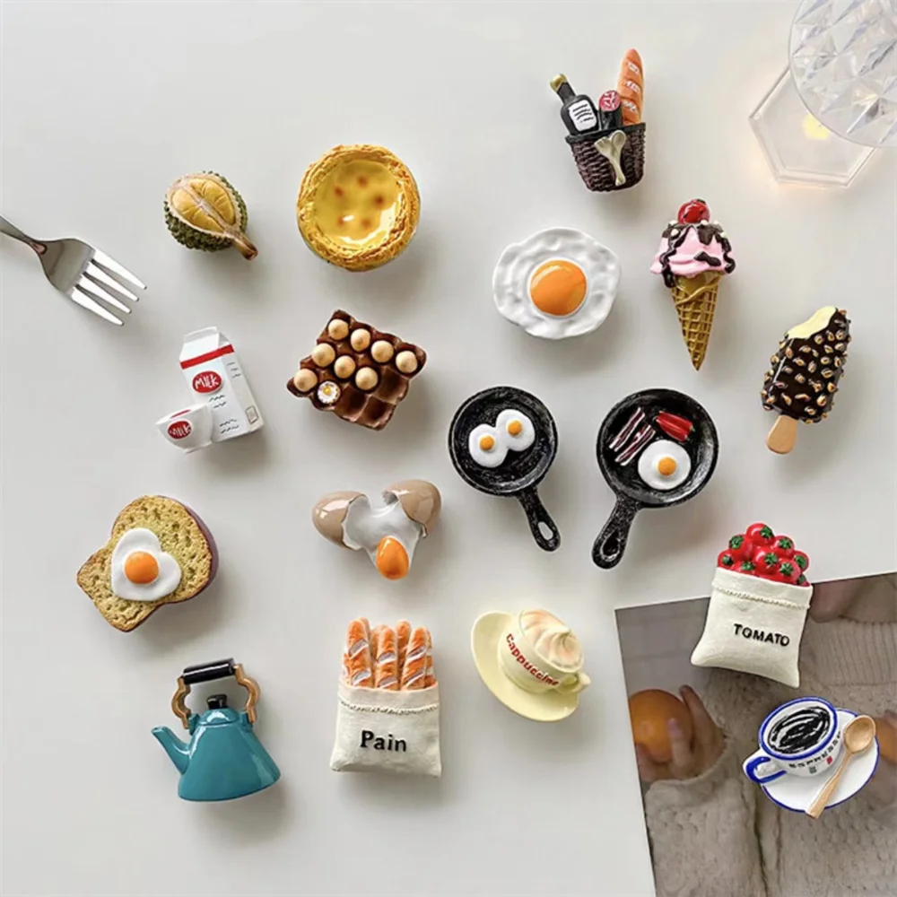 3D Food Magnets Sticker For Fridge Cute Egg Bread Coffee Tomatoes Mini Refrigerator For Skin Care Home Decoration Ornament Gifts