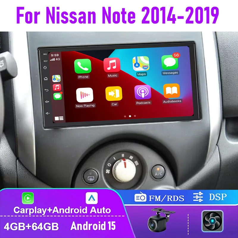 

7" 4+64GB For Nissan Note 2014-2019 Car Radio Carplay Android Auto Head Unit Steering Wheel Control Google Map