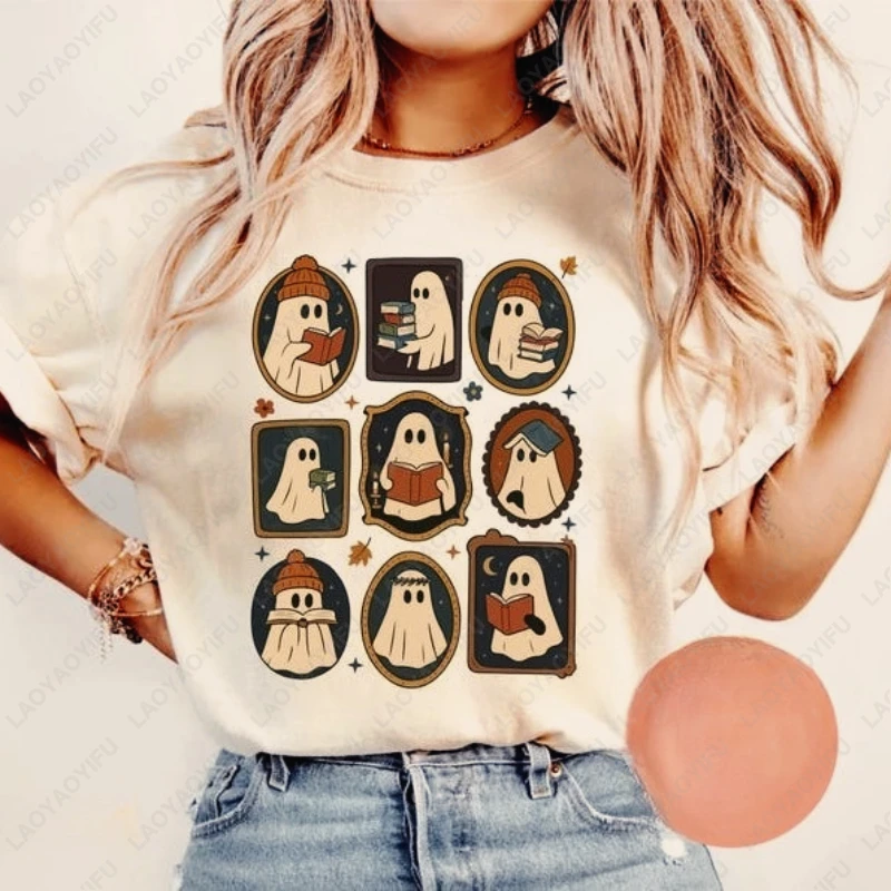 

Призрачные топы для чтения книг на Хэллоуин для мужчин и женщин, милая повседневная модная одежда для дома, хлопковая классическая винтажная эстетичная футболка унисекс для взрослых
