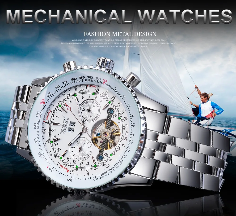 

JARAGAR 034 Automatic Mechanical Watches for Man Tourbillon Steel Strap Luminous Calendar Men Wristwatch relojes para hombres