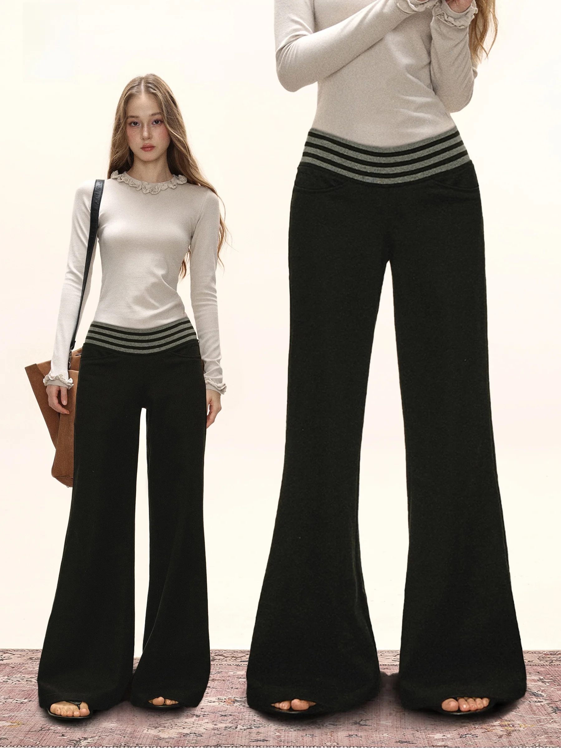 

iyue American Sle Bell Bot Sweatpants Women's Autumn Winter Design Stripe Splicing Casual Straight Leg Pants