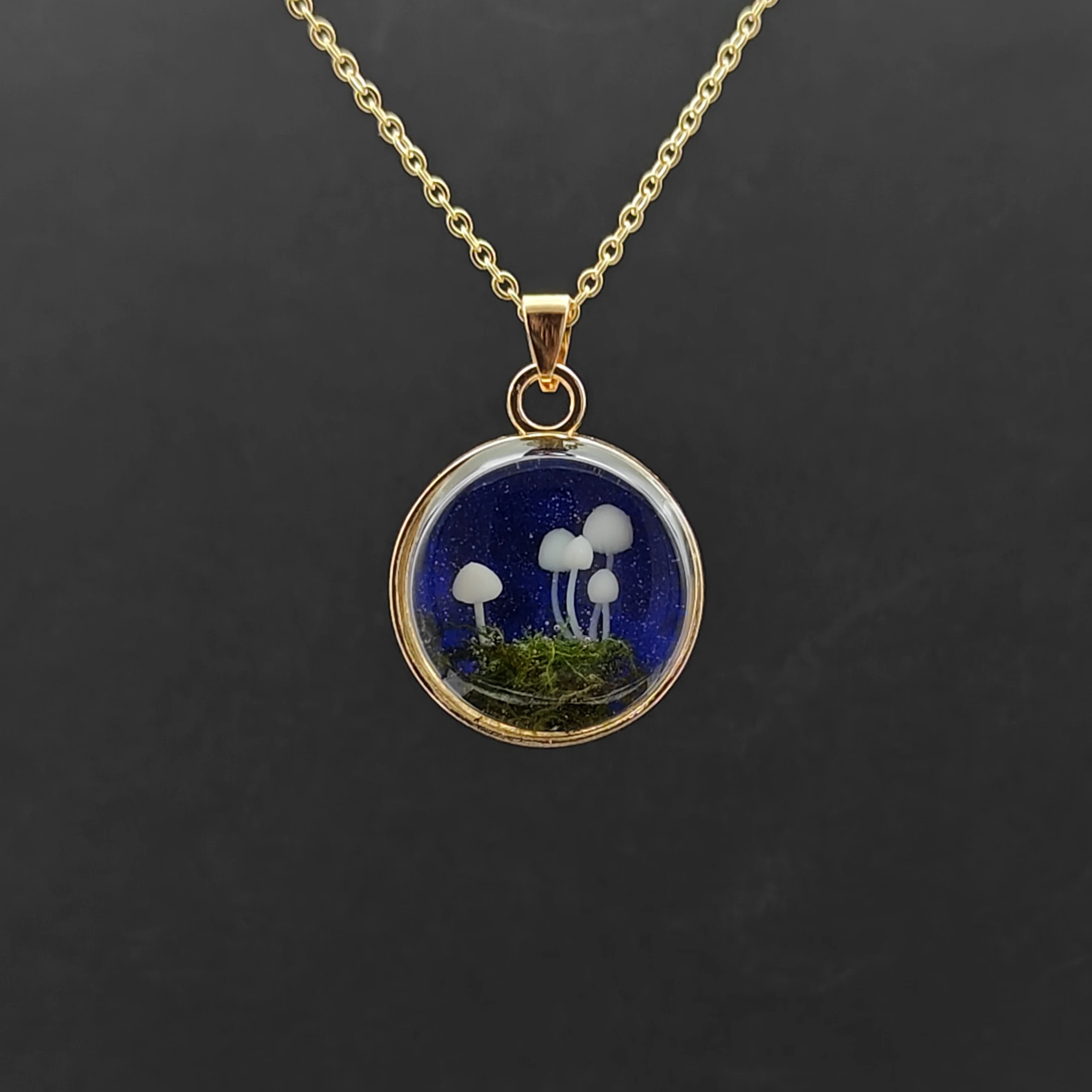 Mushroom 3D Forest Landscape Moss Underbrush Starry Gold Color Pendant Chain Long Necklace Women Boho Fashion Jewelry Handmade