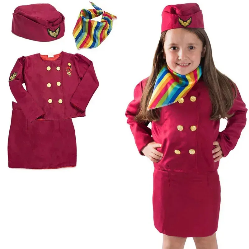 aa Bear House 002 2024 Kids Flight Attendent Cosplay Costumes Girls Stewardess Airline Service Uniforms Halloween Party WAT99 ★
