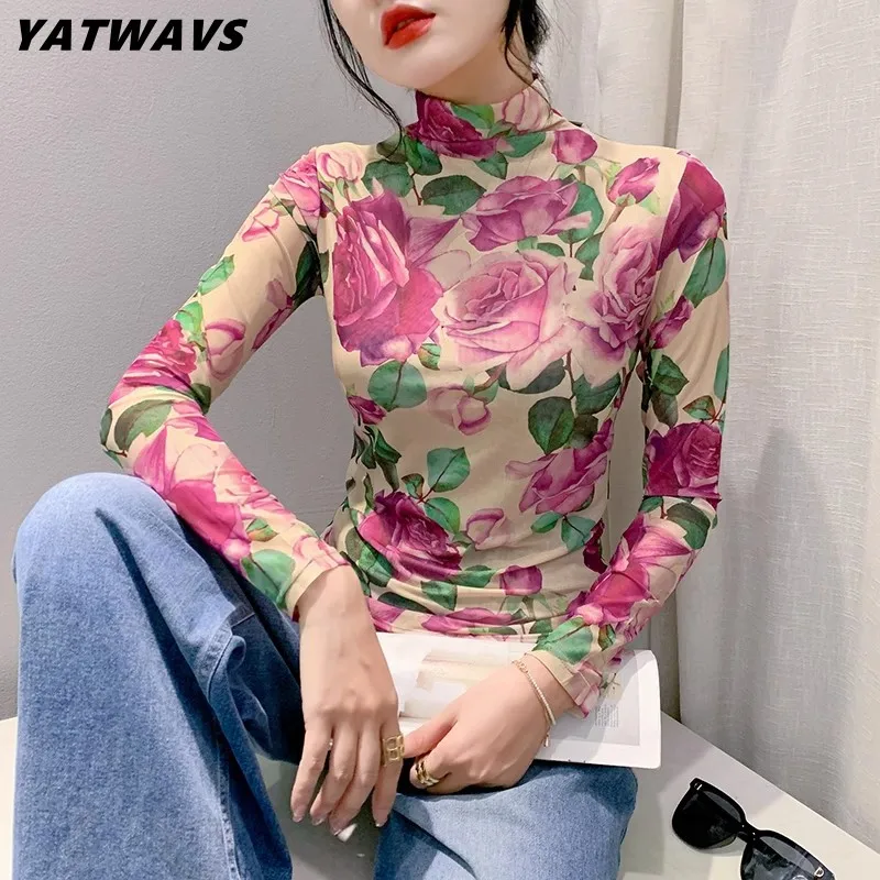 

Luxury Rose Flower Printing Women's Mesh T-Shirt Autumn Winter New Design High Neck Slim Top Female Fashion Elastic Blouse
