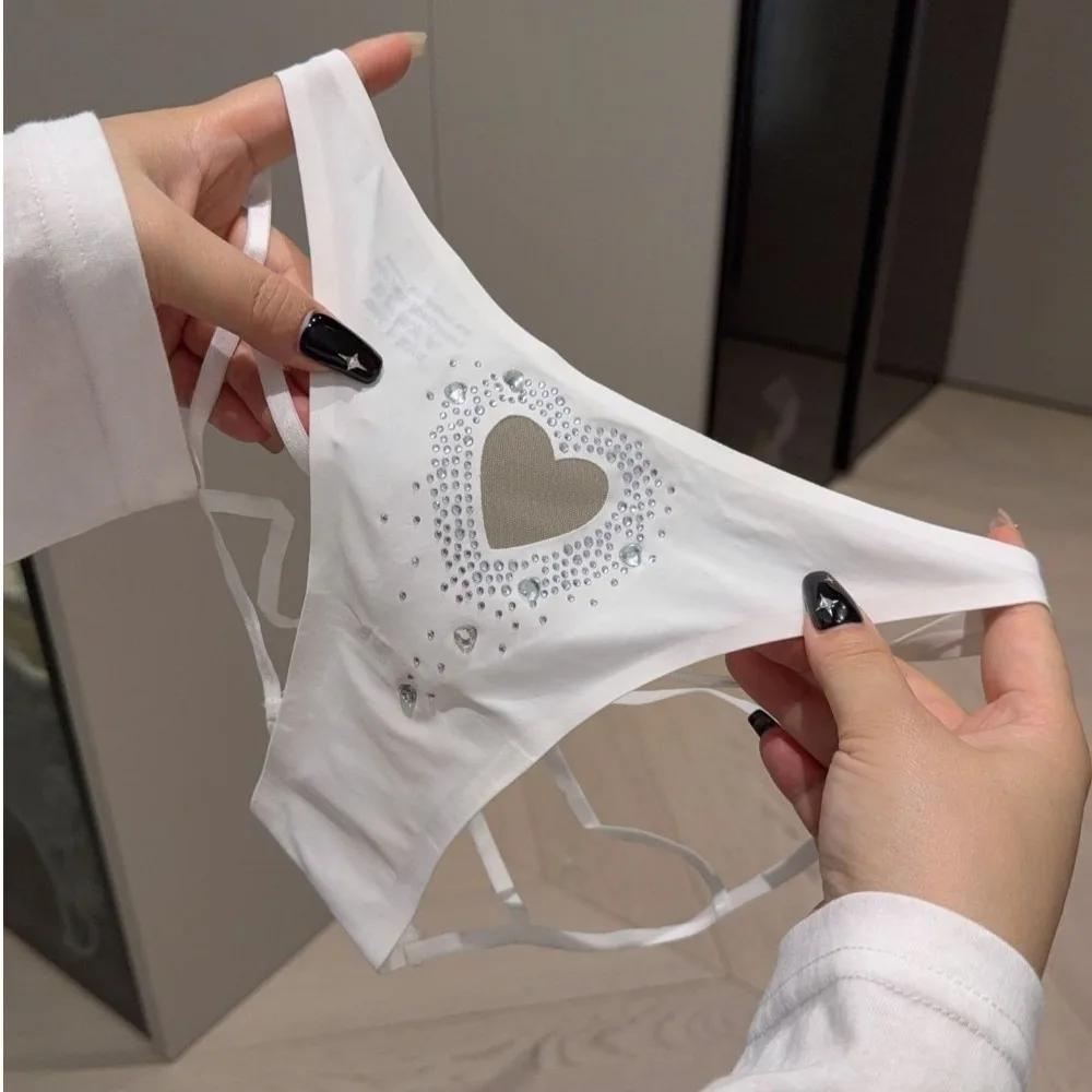 Lingerie Heart Hollow Out Ladies' Briefs Crystal Low Waist Girls' Underwear Mesh Transparent Thin Strap Triangle Panties Female
