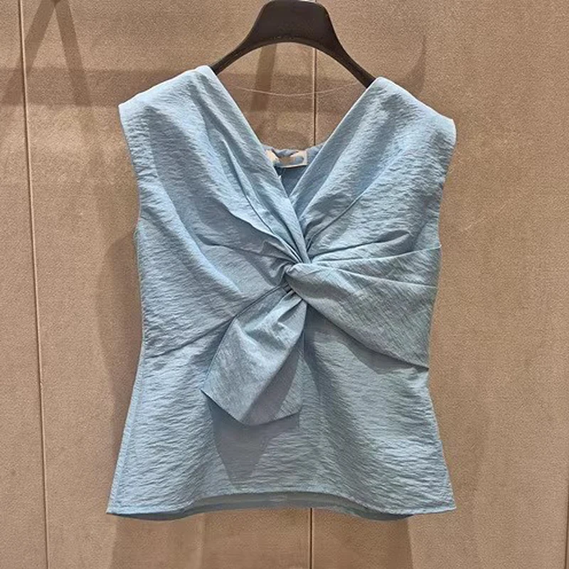 تصميم رومانسي أنيق على شكل حرف v وعقدة مطوية وربطة عنق كبيرة بدون أكمام قميص نسائي 2 لون على الطراز الفرنسي مقاس نحيف غير قاب...