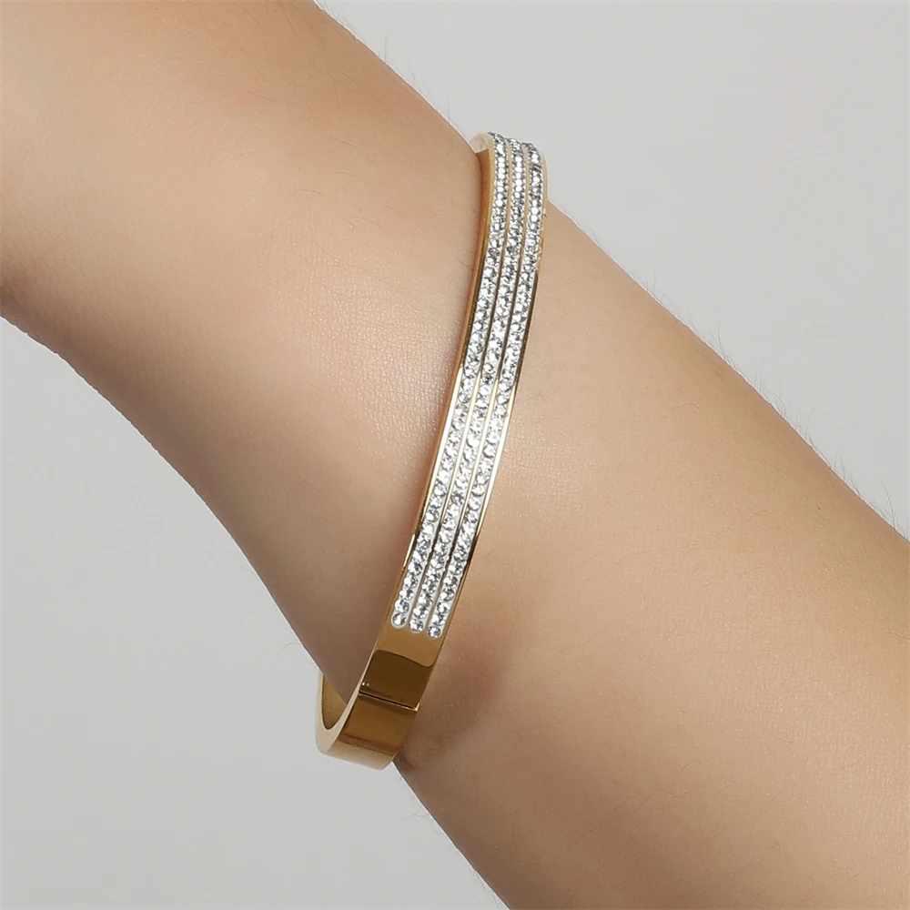 Yupsk 3pcs/set Classic Zircon Inlaid Stainless Steel Bracelet Set for Women Sparkling Crystal Stackable Bangles Jewelry view 5