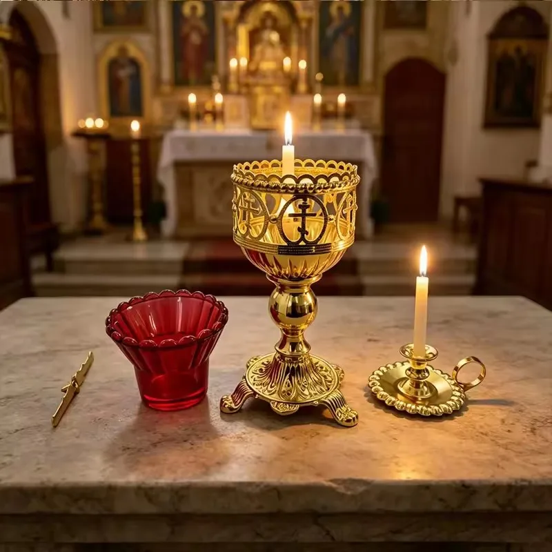 Gold Plated Church Sanctuary Lamp with Red Glass Votive Holder for Catholic Christian Altar Prayer Room Religious Service Decor