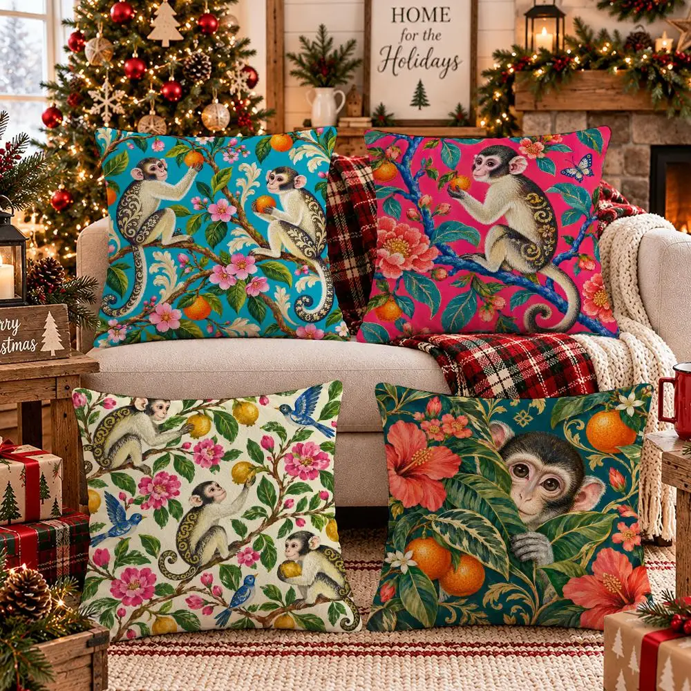 Vintage Monkeys Cushion Cover 1/4Pcs Soft Plush Throw Pillow Cover Double-Sided Print Sofa Living Room Decor