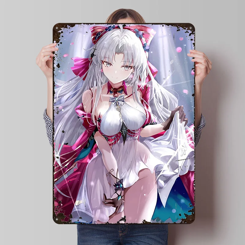 Anime Girl With White Hair and Dress Poster Customized Wall Art Vintage Metal Signs Retro Tin Plaque for Man Cave Desk Decor