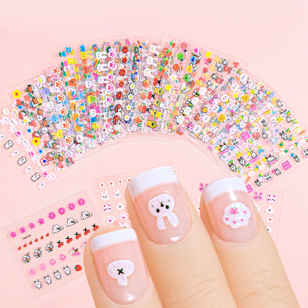 30Pcs Kawaii 3D Glitter Nail Stickers Rainbow Rabbit Cartoon Design For Nail Decals Supplies Lovely NAIL Stickers Press on Nails