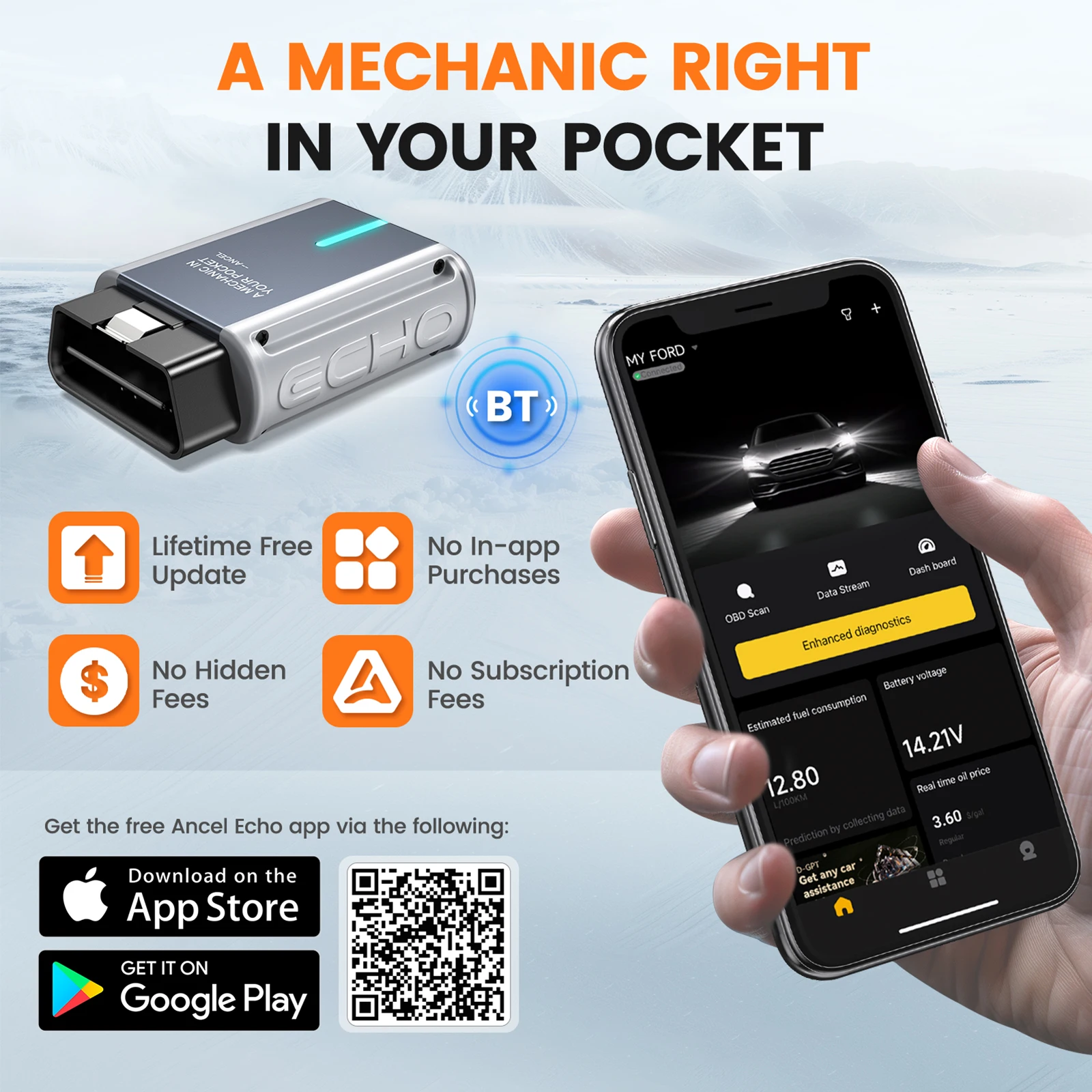 ANCEL Echo Obd2 ماسح ضوئي للسيارة بلوتوث جميع النظام ثنائي الاتجاه النفط EPB إعادة تعيين أداة تشخيص تسجيل البطارية لنظام التشغيل iOS أندرويد