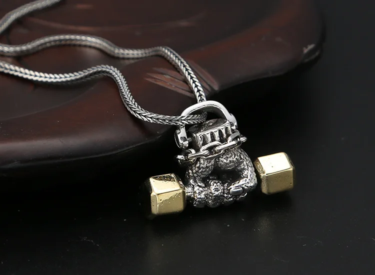 Manufacturer wholesale s925 jewelry retro dyed black Thai silver necklace sports fist dumbbell pendant personality trendy men's