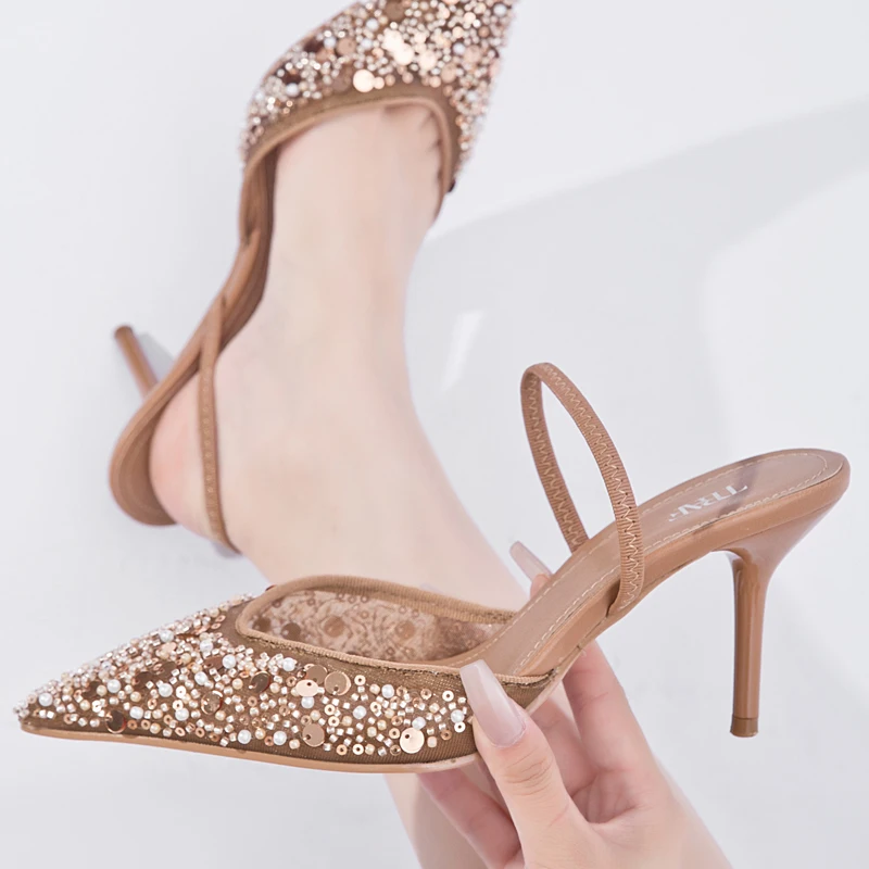 

TRAF/летние женские туфли на высоком каблуке для свадьбы и невесты с блестками, блестящие туфли-лодочки на высоком каблуке с открытой пяткой, офисные туфли на каблуке
