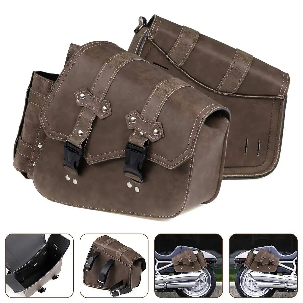 

Waterproof For Cafe Racer Custom Chopper Bobber Motorcycle Saddlebags Tool Bags Luggage Storage Pouch Vintage Brown Saddle Bag