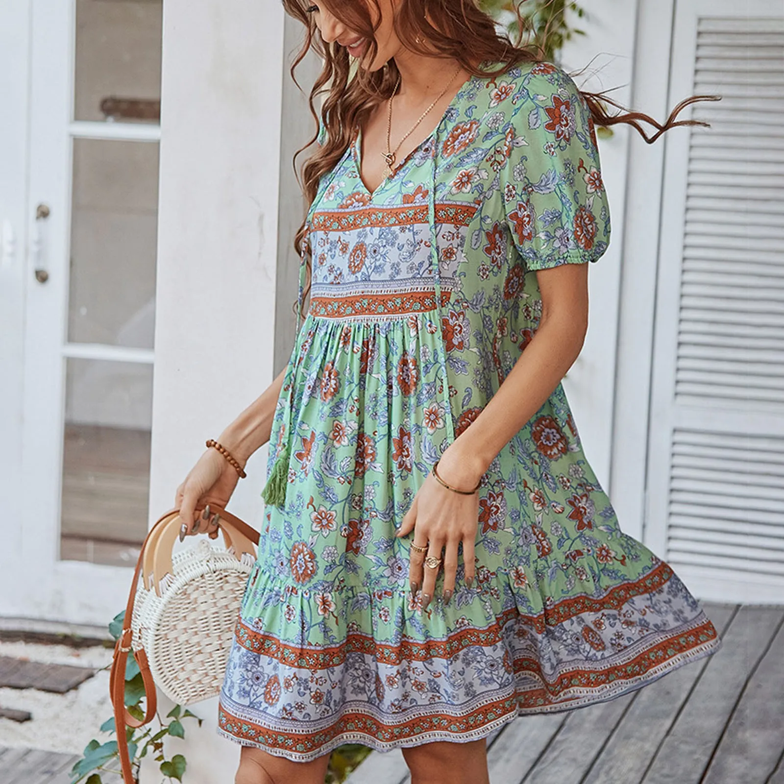 Dames Boho Korte Bloemenprint Zomerjurk Vrouwen Losse Casual Hoge Taille Ruches Mouw Mini Vrouwen Jurk Vrouwelijke Gewaad vestidos