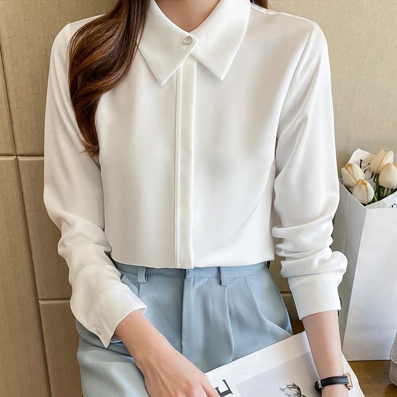 Autumn Office Lady Solid Chic Button Chiffon Shirts Women Clothing Fashion Loose Casual Long Sleeve Tops New Elegant Blouse