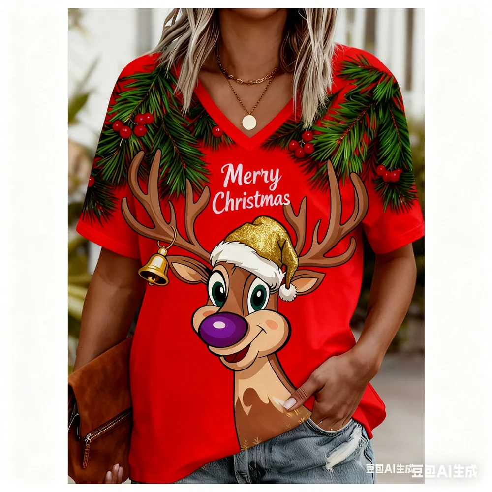 

Christmas Women's T-shirt 3D pattern printing V-neck graphic t shirts quick-dry New Year's T-shirt tops for woman y2k Clothing