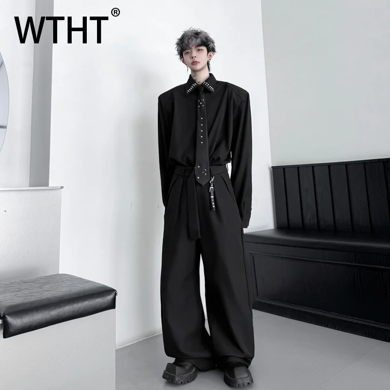 

WTHT модный мужской костюм, однотонный комплект с заклепками и галстуком, рубашки в американском стиле, прямые брюки, мужской комплект, осень 2023, 2A1719