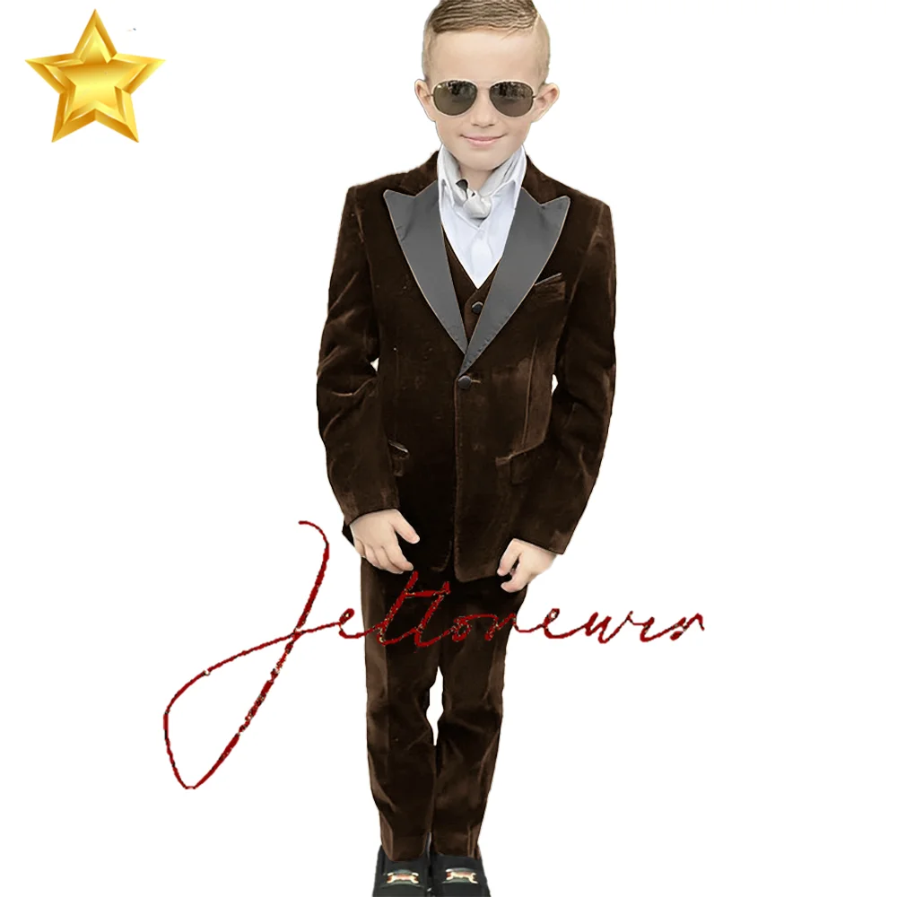 3 Piece Boys Velvet Suit Jacket Pants Vest Wedding Kids Tuxedo Peaked Lapel Blazer for Child Fashion Clothes