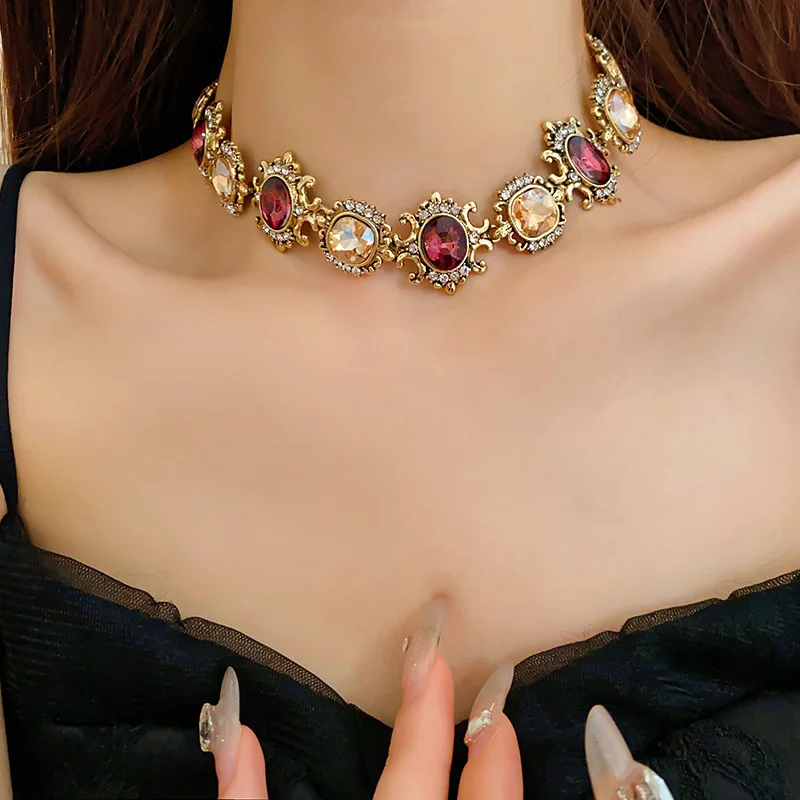 Vintage exagerado de lujo ovalado con incrustaciones de circón estilo palaciego collar de mujer pendientes Medieval exquisita personalidad regalo de boda