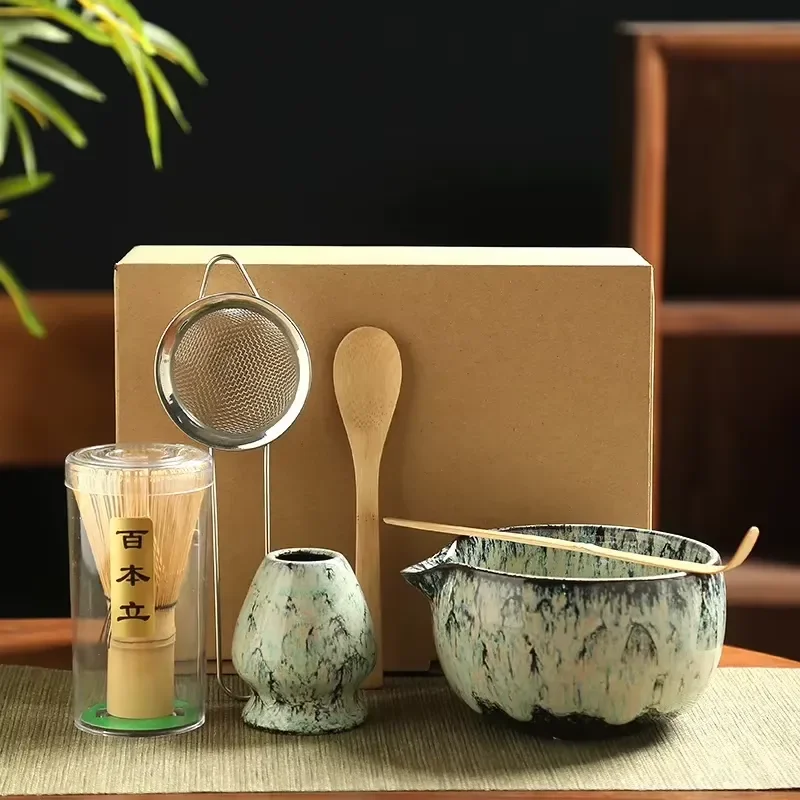 6 Piece Ceramic Japanese Matcha Tea Set Asian Zen Style Durable Teaspoon Bowl Rack for Tea Lovers