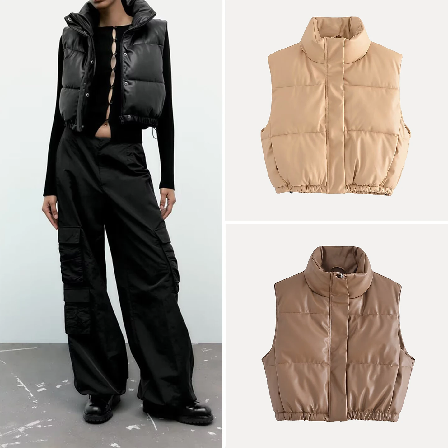 

Women's ort Thiened Leather Cotton Vest Autumn New Arrival Z Commute Sle Pure Color Zipper Closure Regular Length