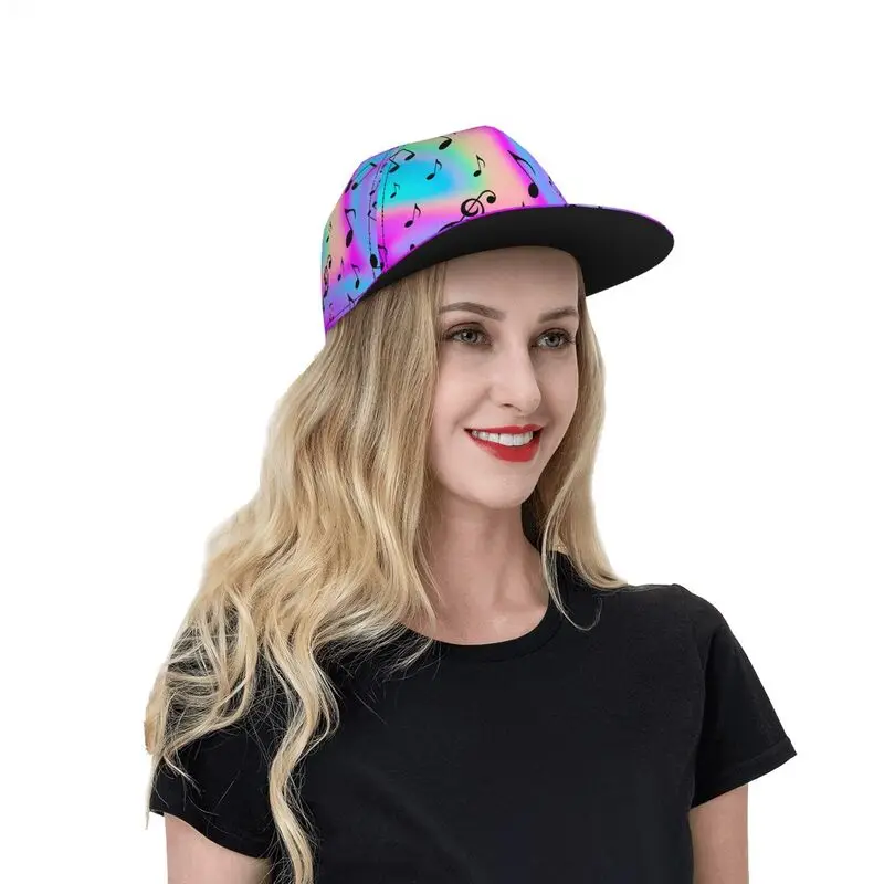 Bunte Regenbogen-Farbverlauf-Musiknoten-Snapback-Kappe, Hip-Hop-Baseballkappe mit flachem Schirm für Männer und Frauen, Musikfestival, Streetwear, verstellbar – Detail 7