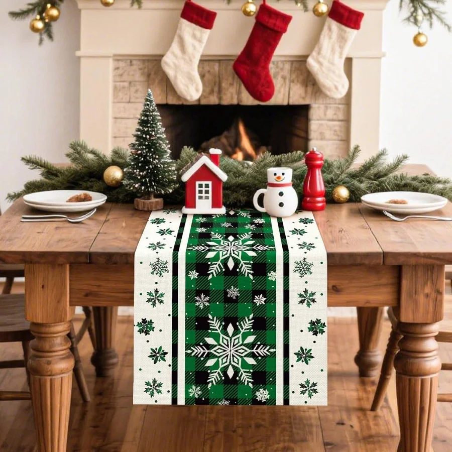 Christmas Snowflakes Buffalo Plaid Linen Table Runner Home Decor Winter Xmas Kitchen Dining Table Runners Christmas Decorations
