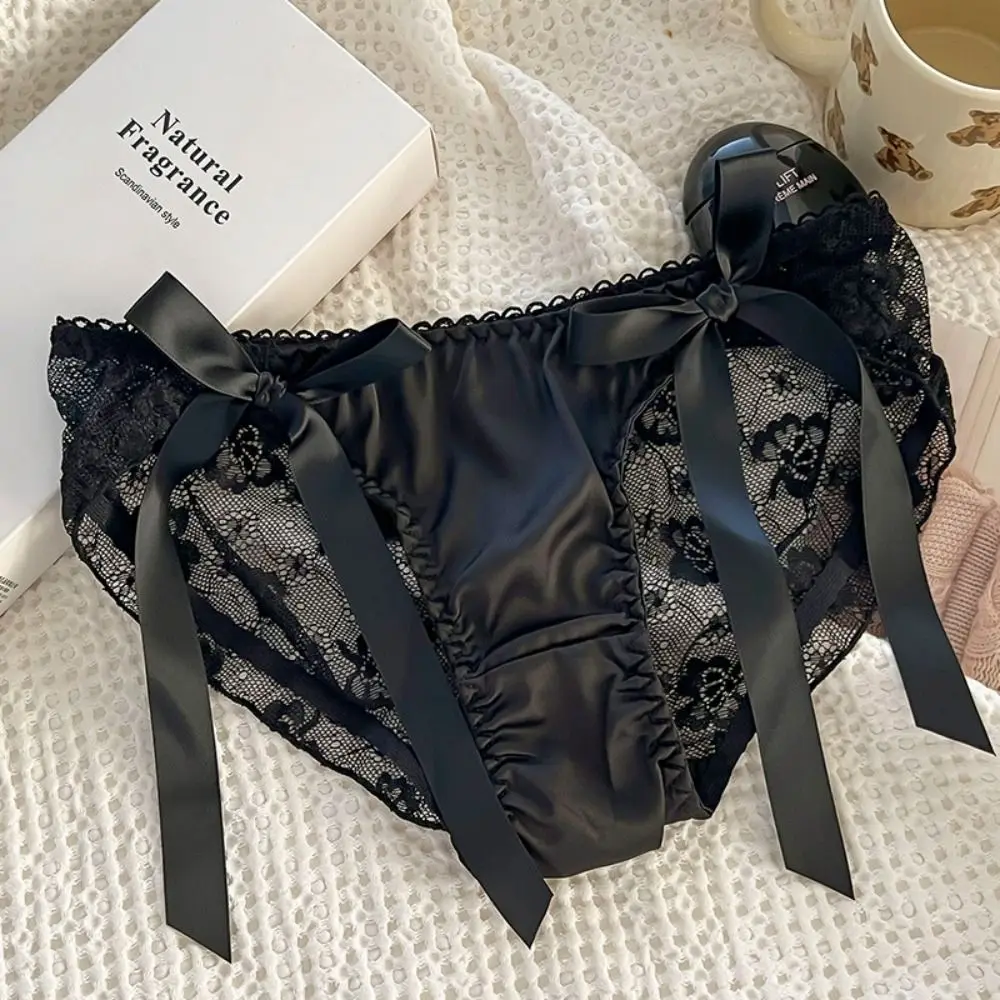 Temptation Solid Color Lace Bow Underwear Ribbon Hollow Out Low-Waist Panties Cotton Crotch Female Lingerie Women Briefs Lady
