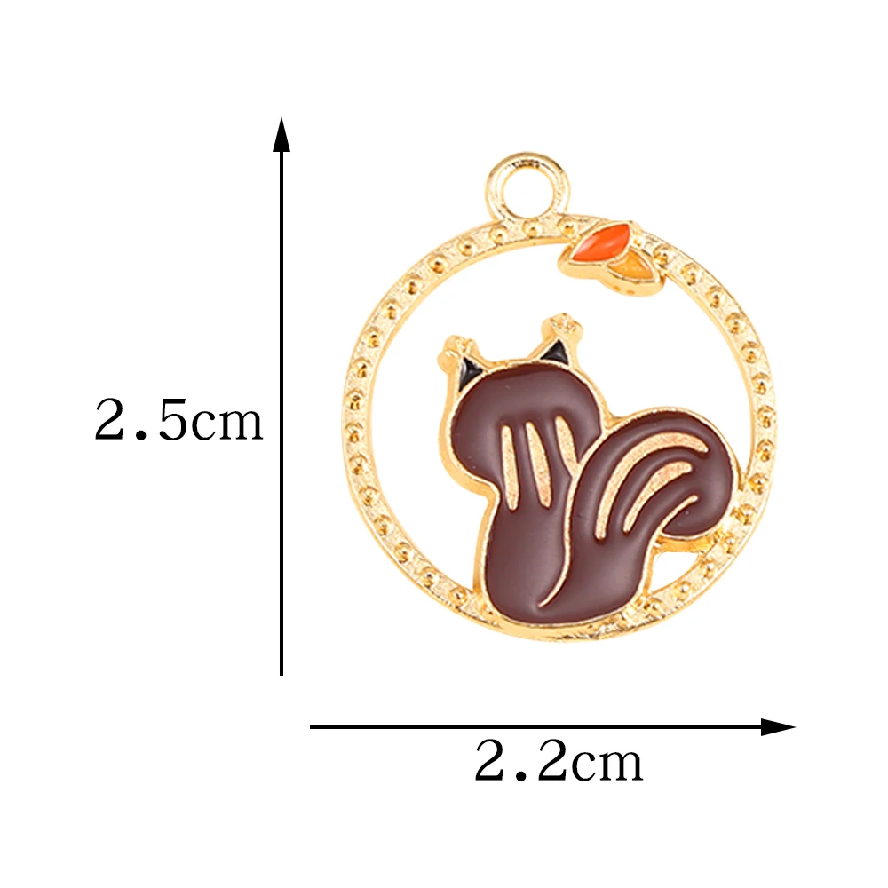 10Pcs Enamel Fox Maple Leaf Pine Cone Squirrel Charm Gold Color Metal Round Pendant DIY Key Chain Necklace Jewelry Accessories