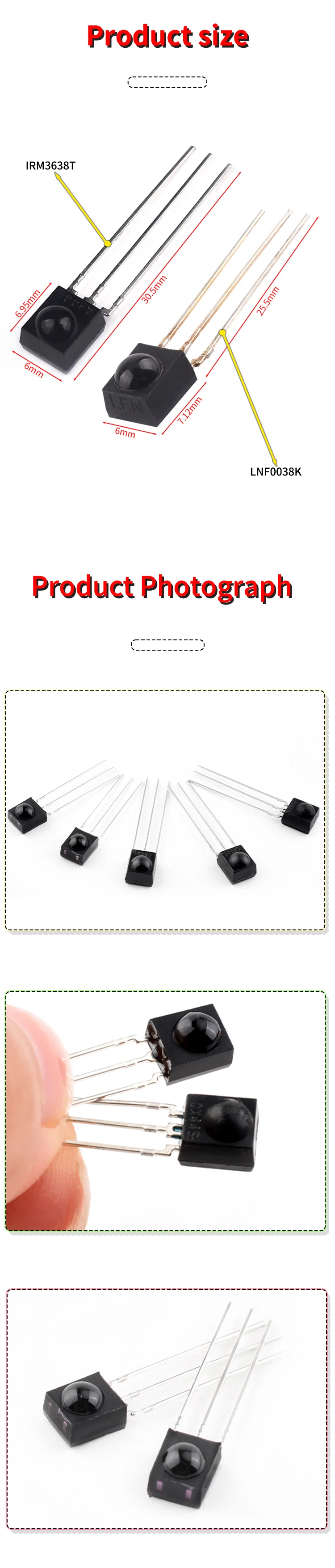 Hochwertiger 5-Stück-Set IR-Empfänger 38 kHz Fernbedienungs-Infrarotmodul TSOP4838 DIP-3/LNF0038K – Detail 4