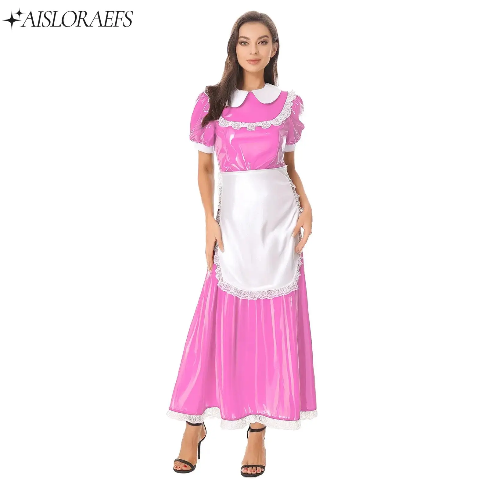 

Womens French Maid Cosplay Dress Halloween Carnival Party Costume with Apron Satin Lace Trim Short Sleeve Wet Look PU Maxi Dress