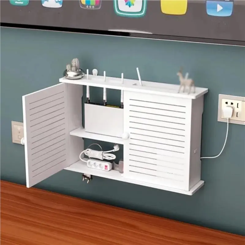 THIVN-2X Wireless Wifi Router Storage Boxes Wooden Box Cable Power Plus Wire Bracket Wall Hanging Plug Board Storage Shelf S