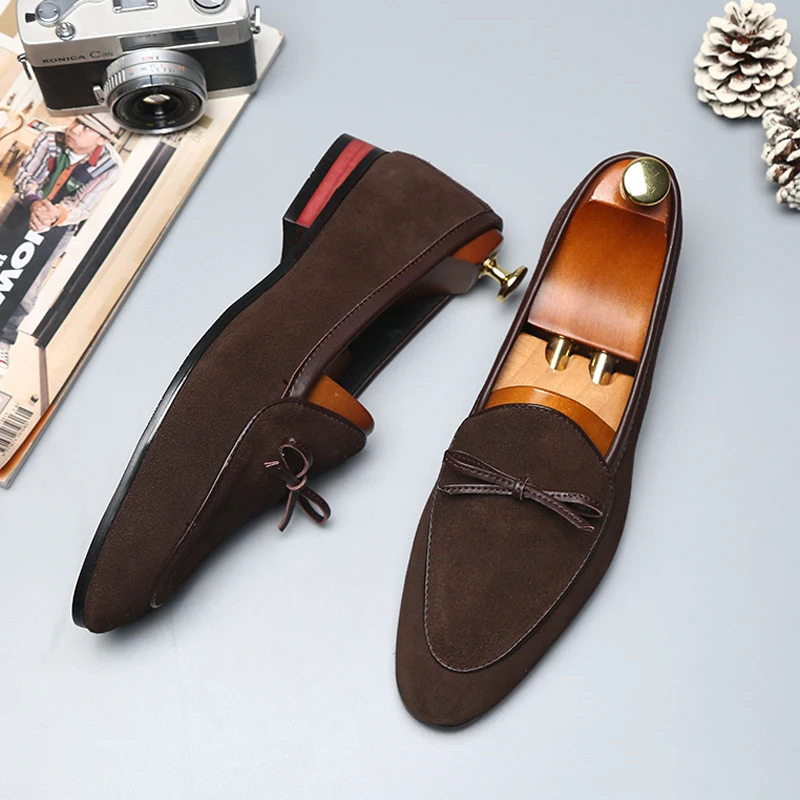 Cow Suede Loafers for Men Bowknot  Round Toe  Slip-On Fashion Business Handmade Men's Shoes 