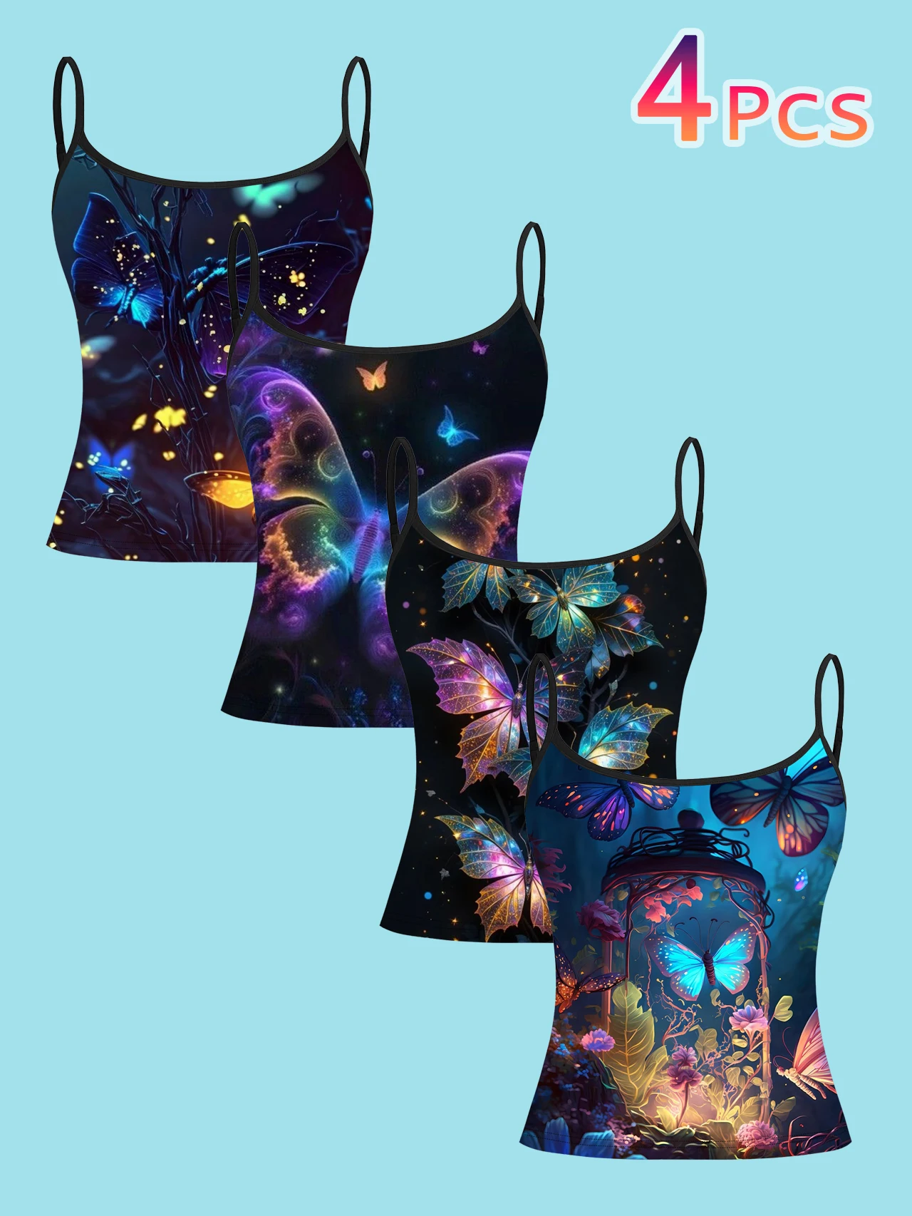 4-Piece Set of Women's Spaghetti Strap Camisoles with Magical Forest Glow-In-The-Dark Butterfly Art Print, Slim-Fit Sleeveless Tops, Dark Fantasy Style Outerwear and Inner Layering Shirts