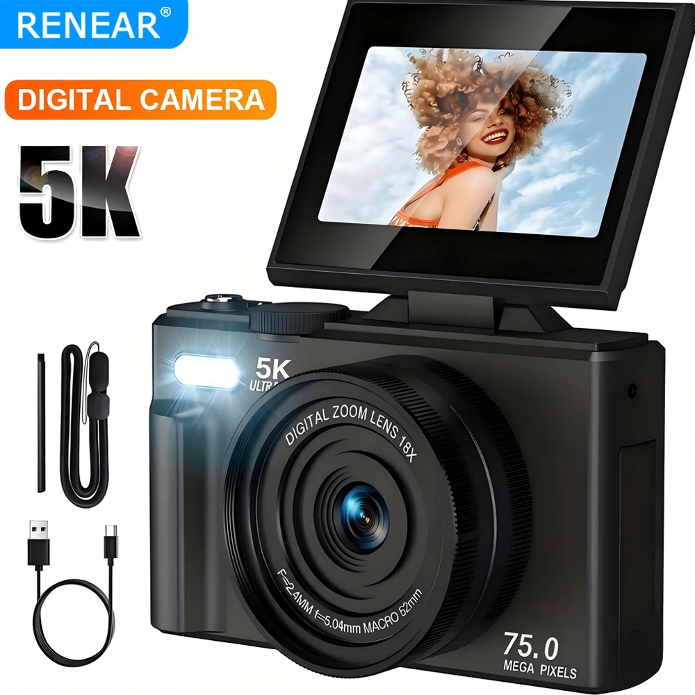 5K Digital Camera Wifi Webcam UHD 75MP Camcorder For VLOG student Girls 3.0 inch Flip Screen Dual Camera Selfie Portable Camera