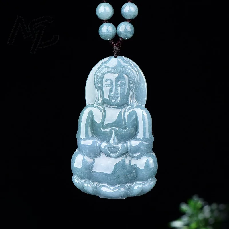 

Natural Real Emerald Blue Water Big Guanyin Pendant Myanmar Jadeite Necklace Jewelry Charm Designer Luxury Vintage Women Amulet