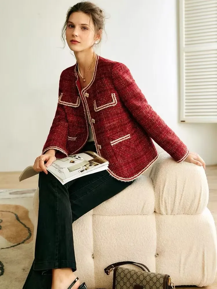 New Red Tweed Jacket For Women 2023 Autumn Winter Long sleeve Single-Breasted Chic Tops Female Korean Style Elegant Lady Coat