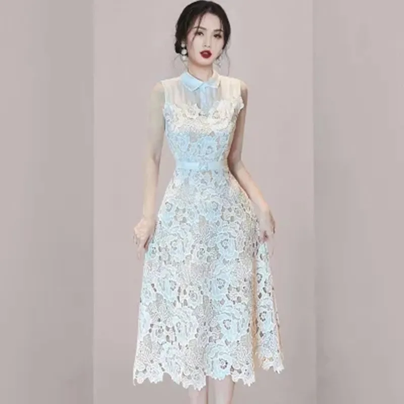 

ZAWFL 2023 Summer Women's Peter Pan Collar Robes Lace Sleeveless Rhinestone Buttons Lace-up Bow Female High Waist Midi Dress